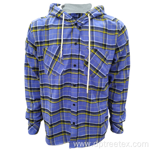 Men Flannel Checked Overshirt Retro Hooded Shirt